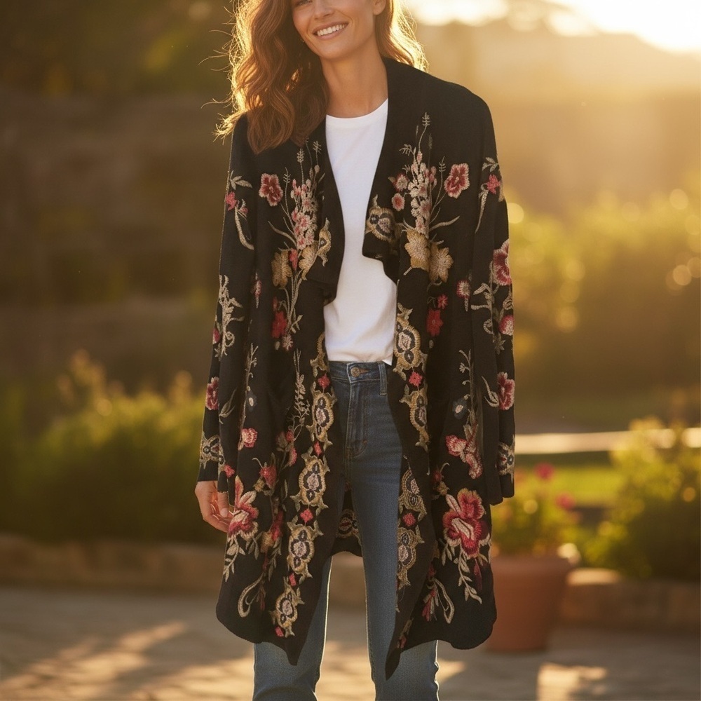 Johnny Was Floral Embroidered Black Cardigan size S - Picture 3 of 14